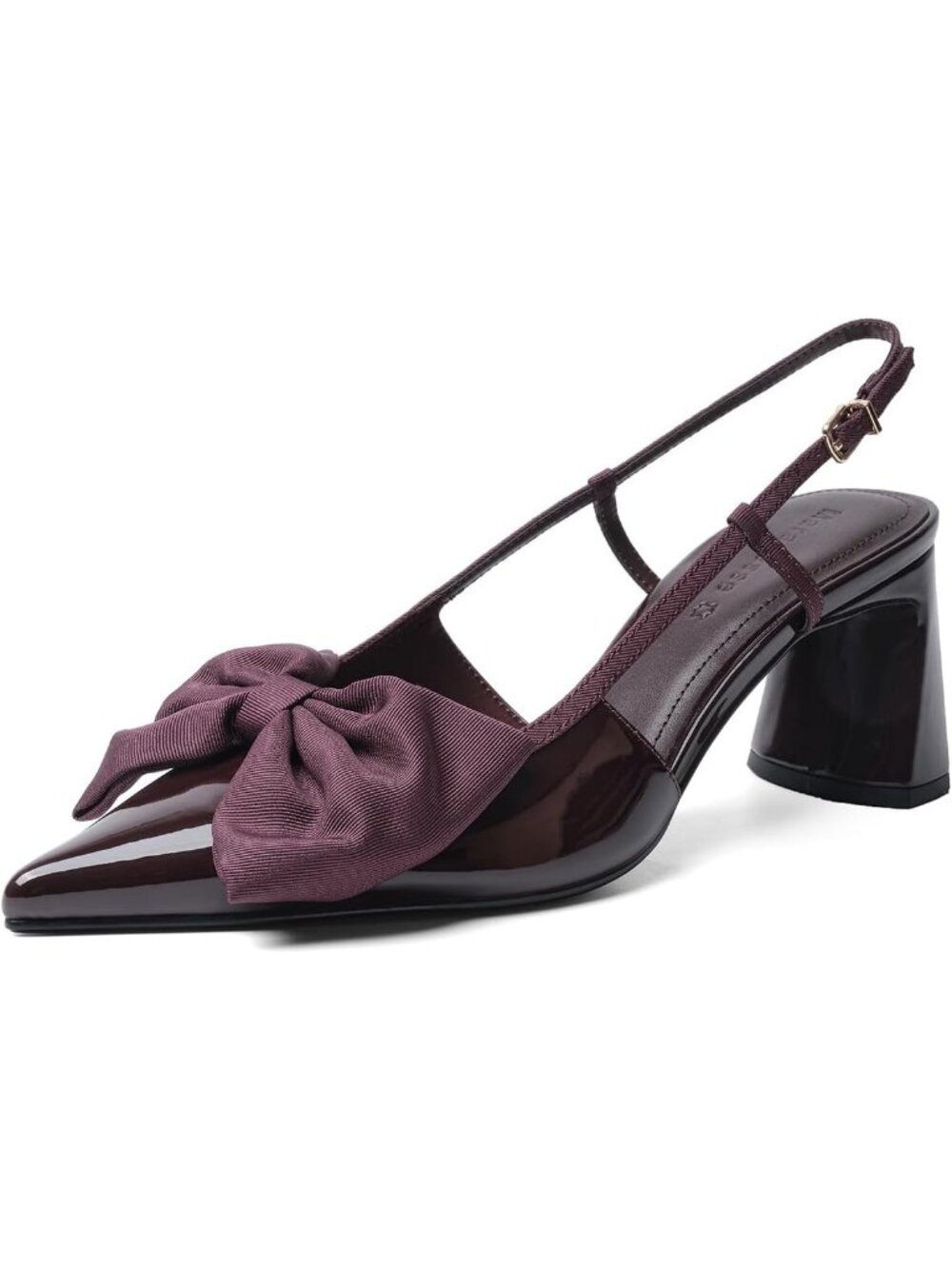 Womens Burgundy Bow Pointed Toe Pump 2.8" Thick Chunky Buckle Strap Mid Low Heel - Picture 1 of 6